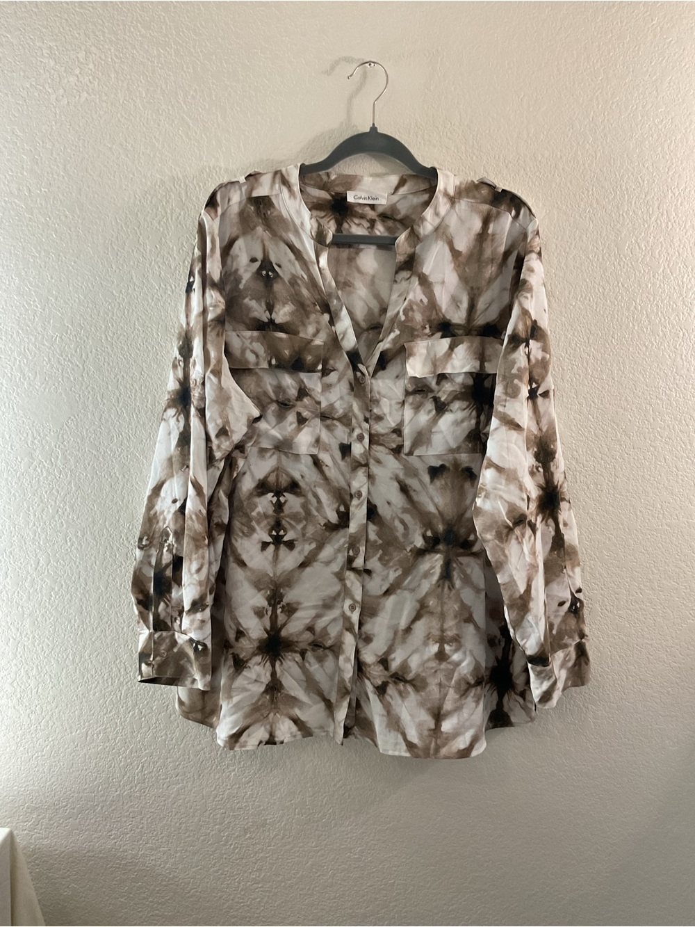Calvin Klein Abstract Brown White Tie-Dye Mandarian Relaxed Fall Business Casual